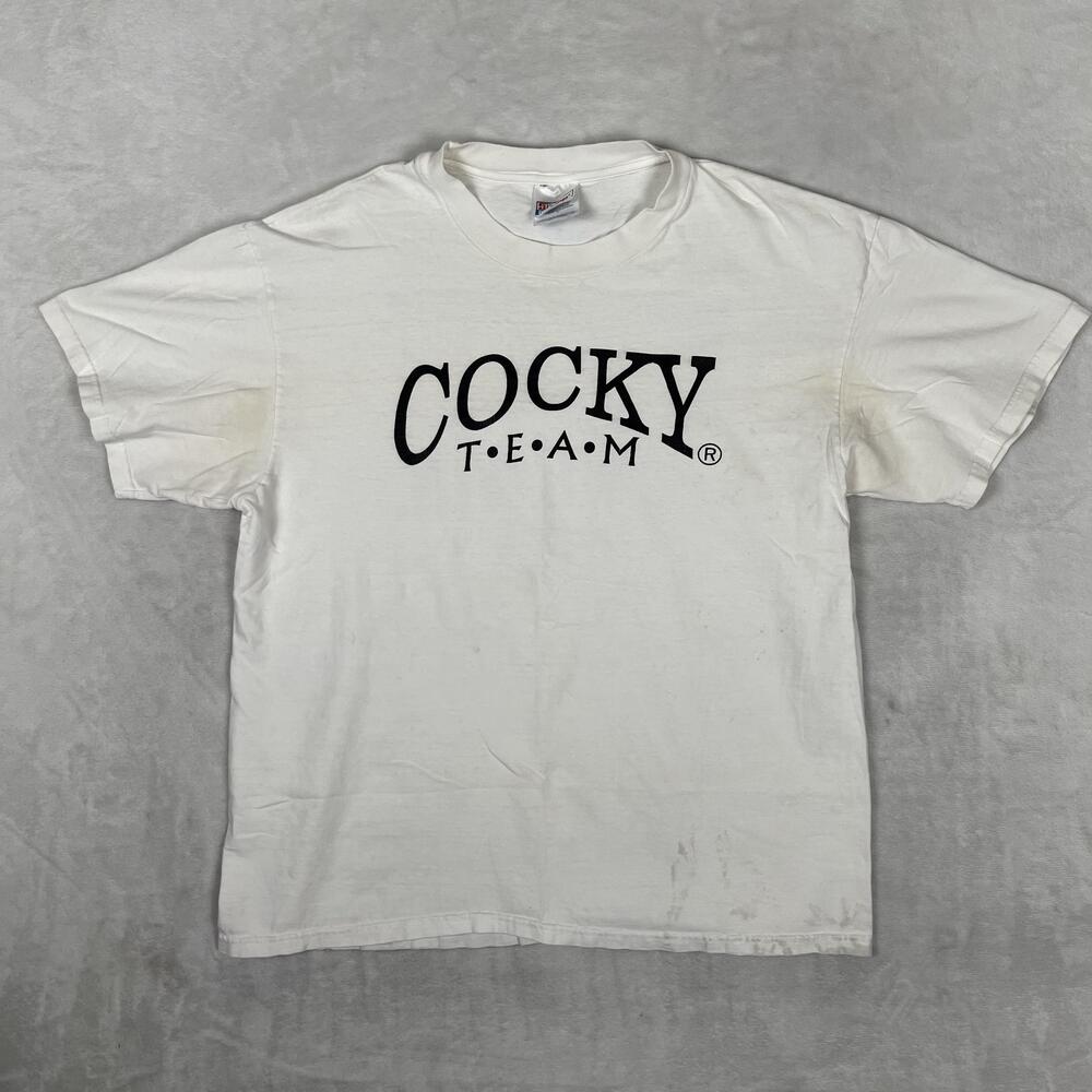 Vintage Cocky Team T-Shirt Mens L White Baseball Slogan Graphic Hanes Beefy-T
